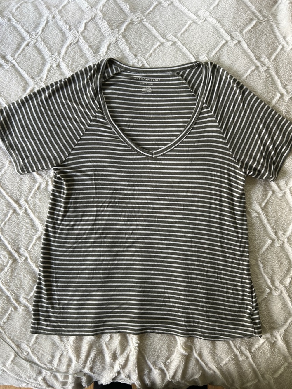 American Eagle Outfitters Green and White Striped V-Neck Tee
